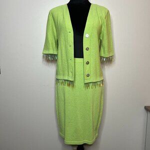 Vintage Liz Sheldon Ltd Lime Green Skirt and Sweater Set w/ Jewel Tassel Detail